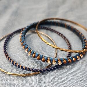 Stackable Gold & Blue Thread-Wrapped Bangle Set